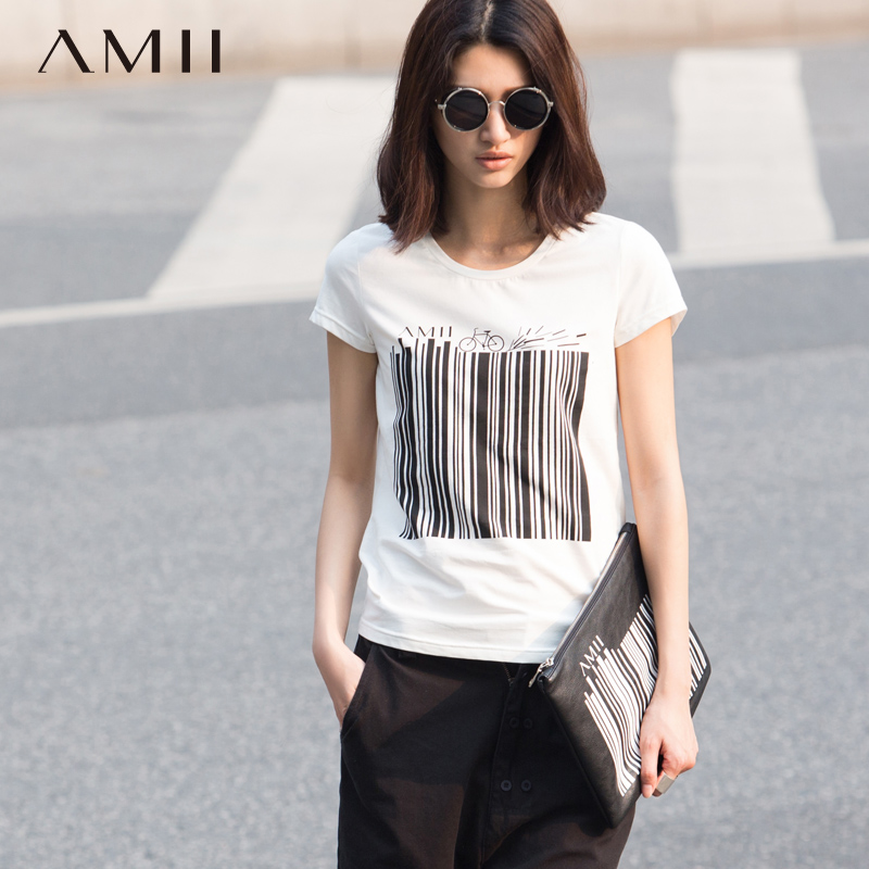 Amii及简2015夏女装圆领短袖创意黑白条形码印花大码T恤11580573