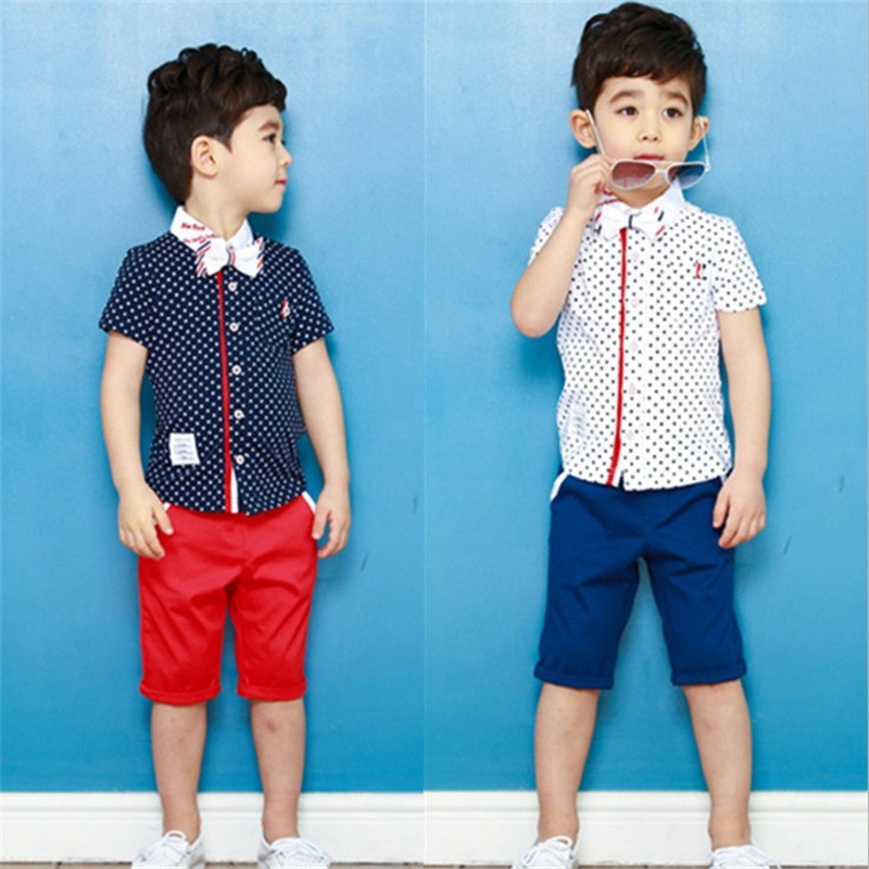 男童韩版夏装套装3-4-5-7周岁圆点衬衫6五分裤礼服两件套新款 潮