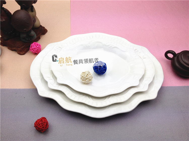 创意陶瓷餐具纯白色骨瓷器酒店异形盘子碗碟韩欧式浮雕双龙盘
