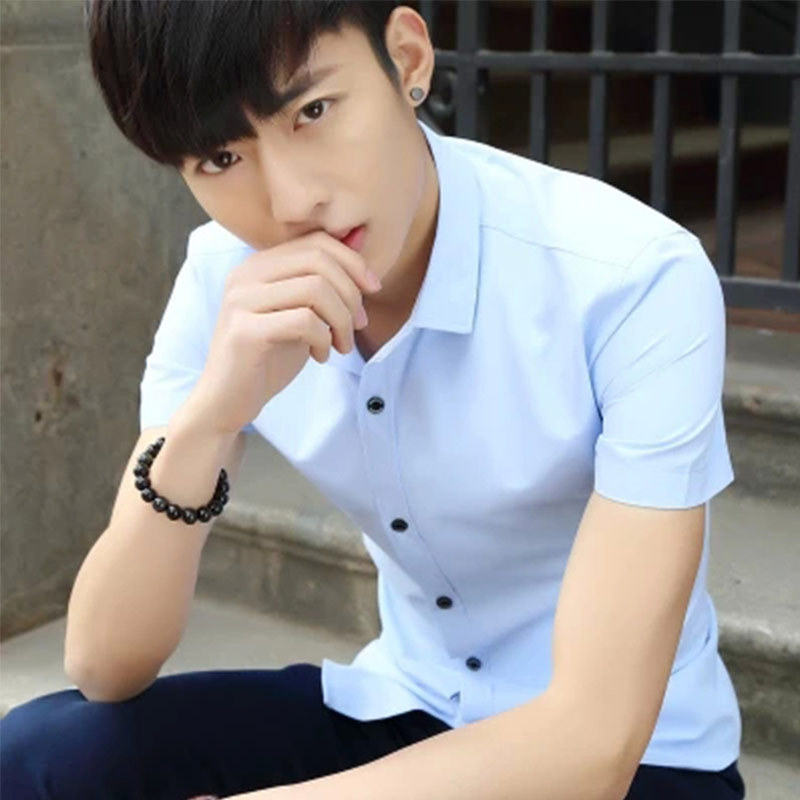 男衣爆款夏季韩版男装潮流男式短袖衬衫修身纯色衬衫男士短袖衬衣