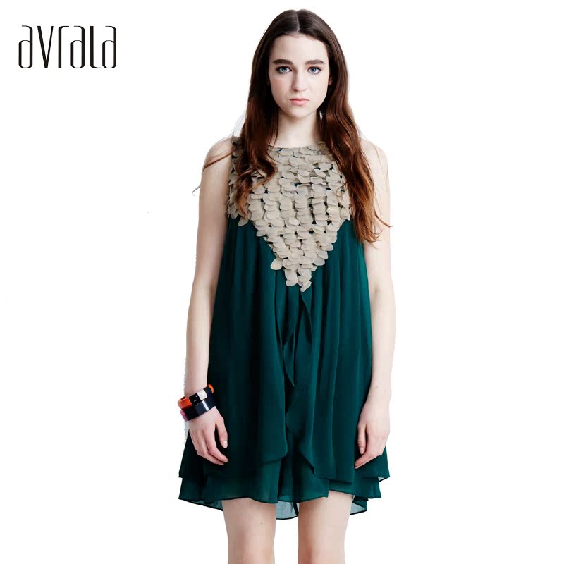 AVRALA奥柔拉 夏装新款雪纺绿色不规则百褶裙欧美风优雅连衣裙