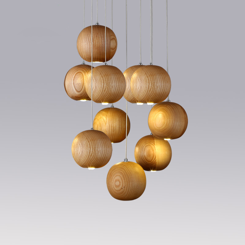 北欧宜家艺术创意木艺灯具设计师客厅餐厅简约木艺吊灯圆球实木灯