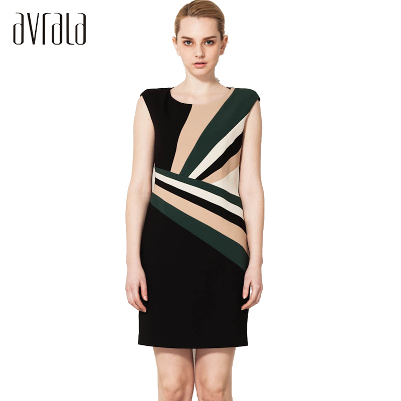 AVRALA奥柔拉2015新款秋气质优雅女条纹拼接墨绿色修身减龄连衣裙