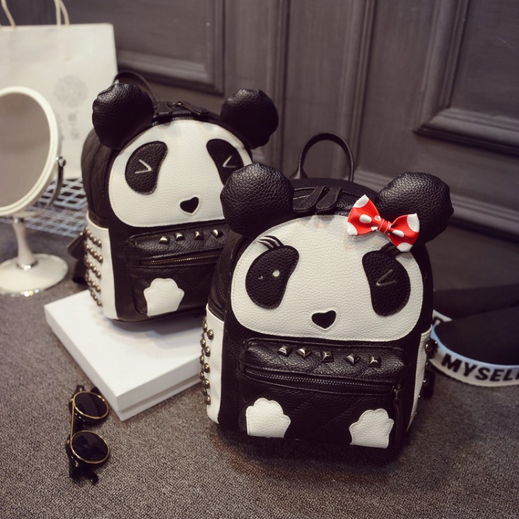 新款可爱双肩包女韩版潮流熊猫卡通学院风学生书包旅游后背包