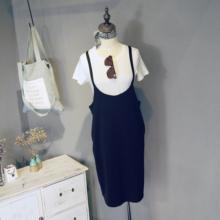 2015夏季连衣裙 韩版学院风简约纯色T恤背带裙两件套显瘦裙子大码
