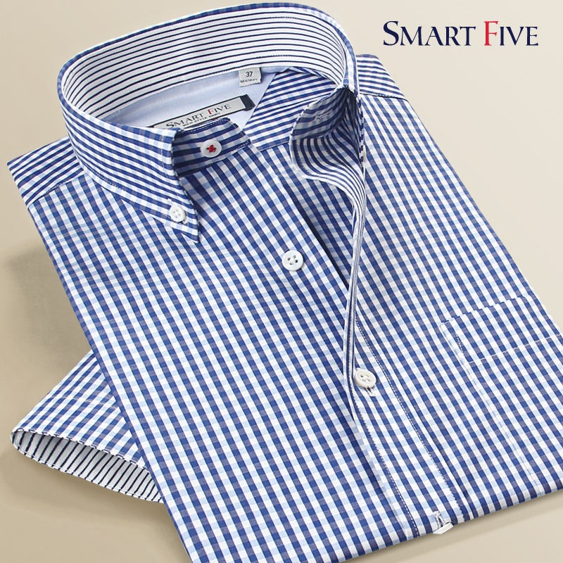 SmartFive 2015夏装新品欧美简约风格男式休闲衬衫免烫小格纹衬衣