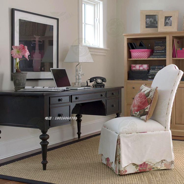 美式实木书桌写字台办公桌电脑桌黑色法式仿古做旧书房家具可定制