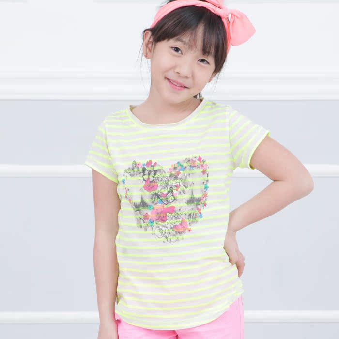 韩国进口代购进口童装女童中大童条纹短袖t恤上衣大女童夏装衣服