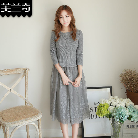 秋装时尚连衣裙套装 2015秋季韩版蕾丝网纱拼接针织套装裙两件套