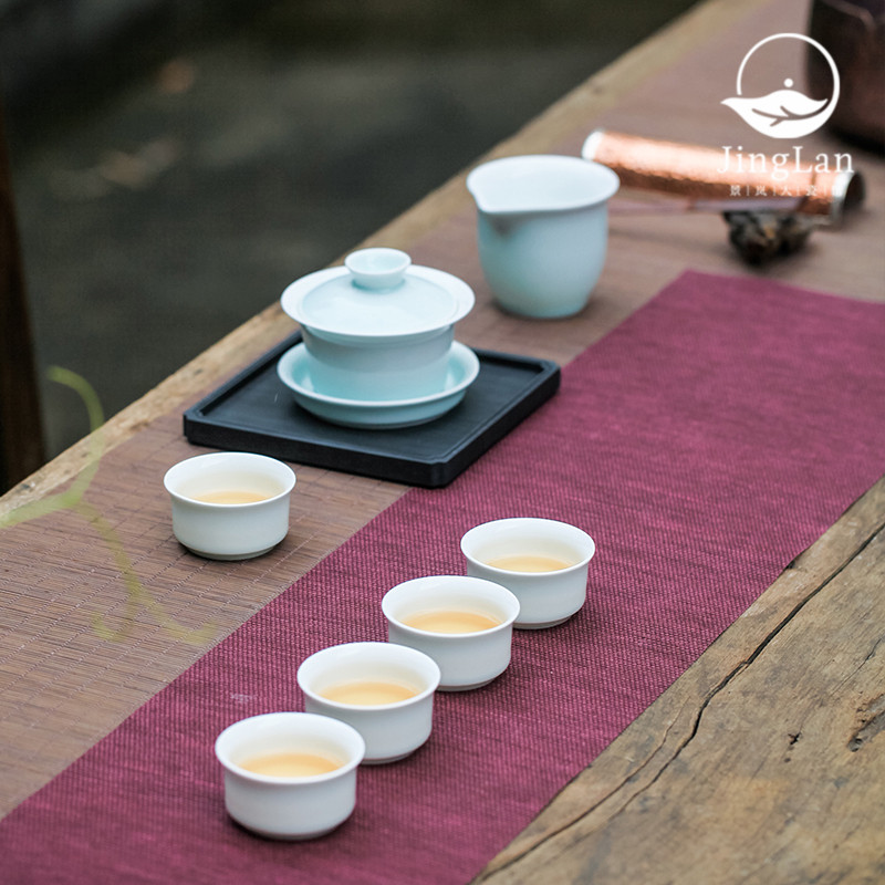 景岚功夫茶具套装 颜色釉整套薄胎陶瓷 景德镇陶瓷盖碗公杯茶杯子