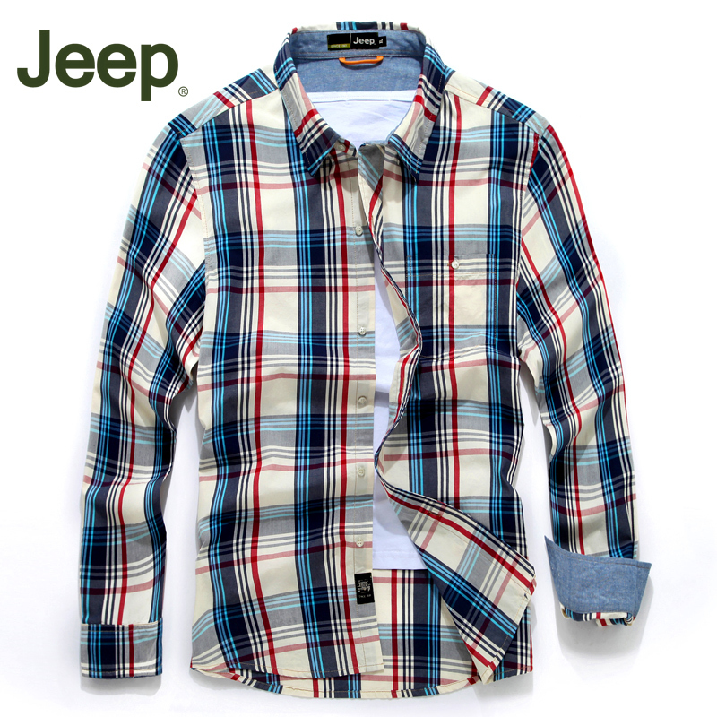 春秋新款jeep长袖格子衬衫正品男士加肥加大码纯棉宽松休闲衬衣