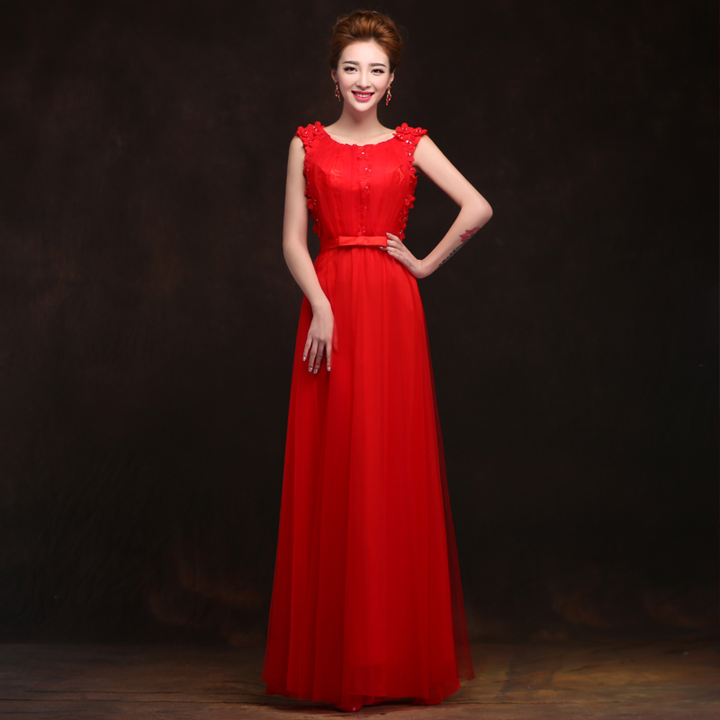 新娘敬酒服2015新款冬季一字长款红色结婚礼服大码双肩年会晚礼服