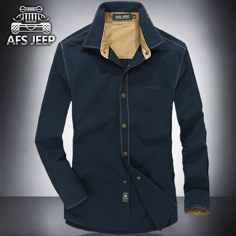 AFS JEEP秋季青年男士长袖衬衫纯棉薄款商务男装衬衣修身纯色上衣