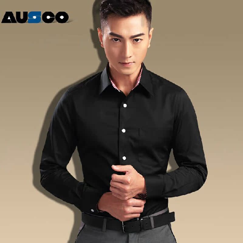 AUSCO男士衬衫 男 黑色 长袖 修身韩版 衬衣 黑衬衫商务 男 衬衣