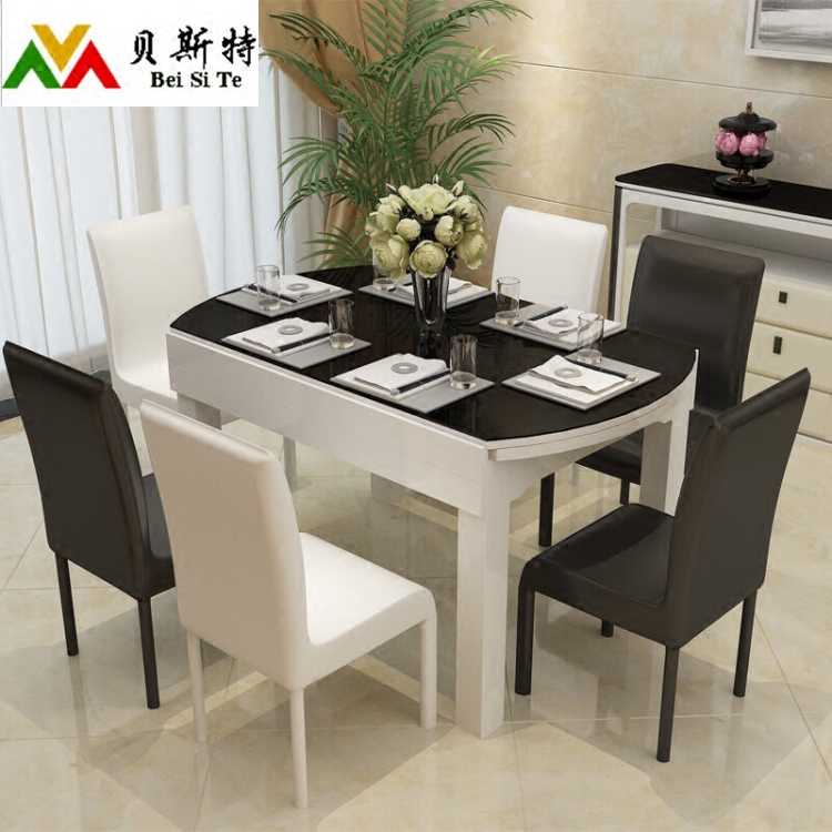 现代简约黑白组合和伸缩钢化餐桌现货欧式多功能6人餐桌椅可定制