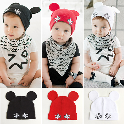 T686韩版新款手掌米奇耳朵宝宝套头帽全棉幼儿童帽子翻边婴儿帽子