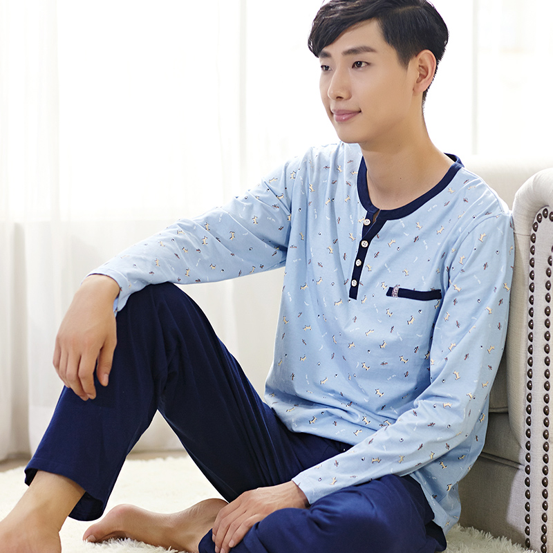 韩版青少年男式纯棉长袖睡衣春秋季男款套头全棉质男士家居服套装