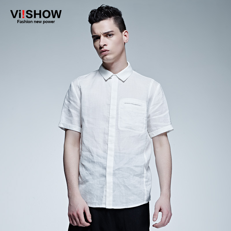 viishow夏装新款男式衬衫 欧美时尚亚麻短袖衬衫白色短袖衬衣