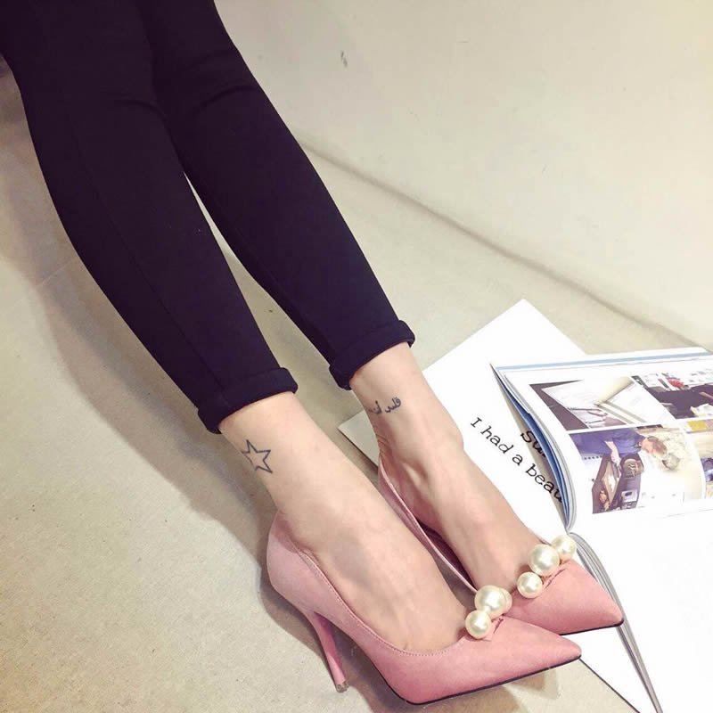 2015春季新款名媛风珍珠绒面浅口粉色高跟鞋细跟奢华尖头单鞋女鞋