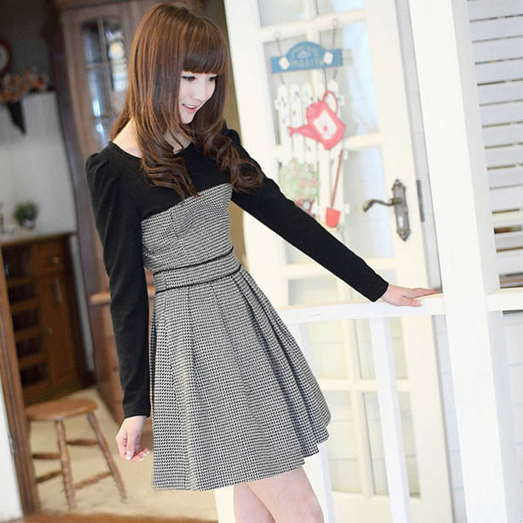 2015新品韩版秋季时尚女装黑白格子拼接毛呢 显瘦修身长袖连衣裙