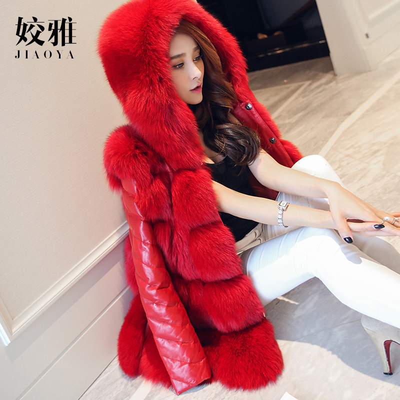 姣雅2015冬装新款韩版女装中长款绵羊皮长袖整皮狐狸毛皮草外套