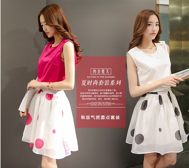 2015夏装新款韩版大码显瘦雪纺衫+圆点短裙两件套连衣裙子女