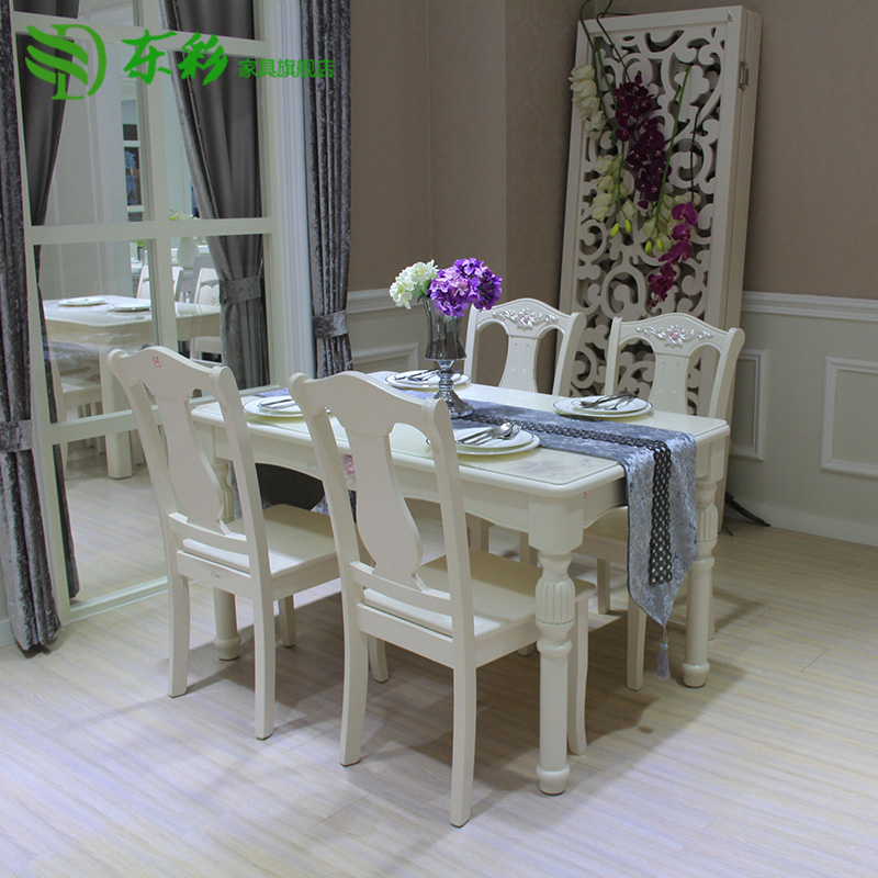 东彩 包邮简约现代时尚钢化玻璃白色烤漆实木餐桌椅组合