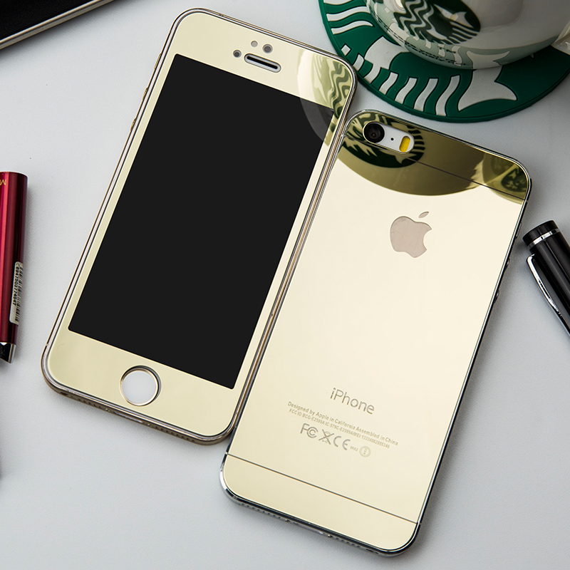 iPhone5s钢化玻璃彩膜 苹果4s手机贴膜前后 ip四五防爆镜面金色潮