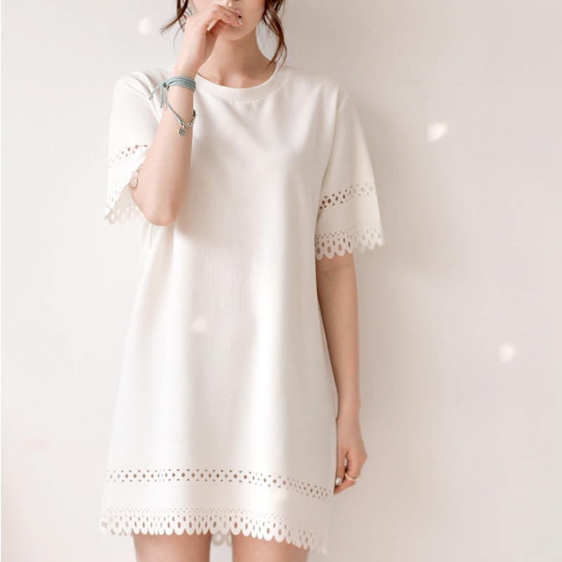 2015新款韩国时尚女装工艺缕空圆领宽松显瘦短袖女连衣裙