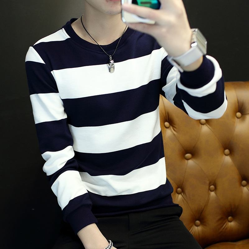 2016春季新款潮男士T恤 韩版休闲外套青少年修身圆领条纹长袖t恤