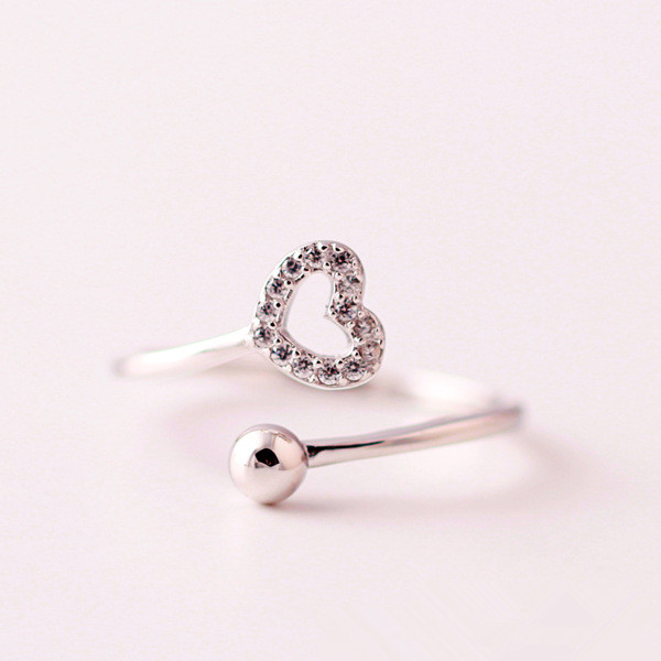 韩国925纯银简约气质圆珠镶钻镂空爱心甜美开口戒指大小可调指环