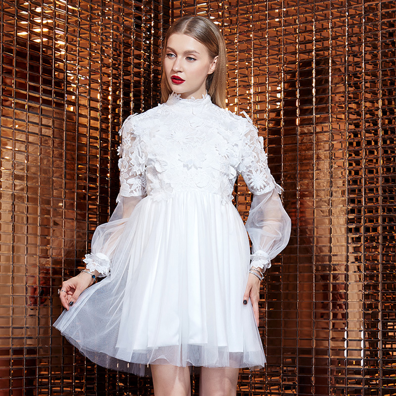 2015秋装新款女装超美白色性感露背立体蕾丝绣花礼服裙长袖连衣裙