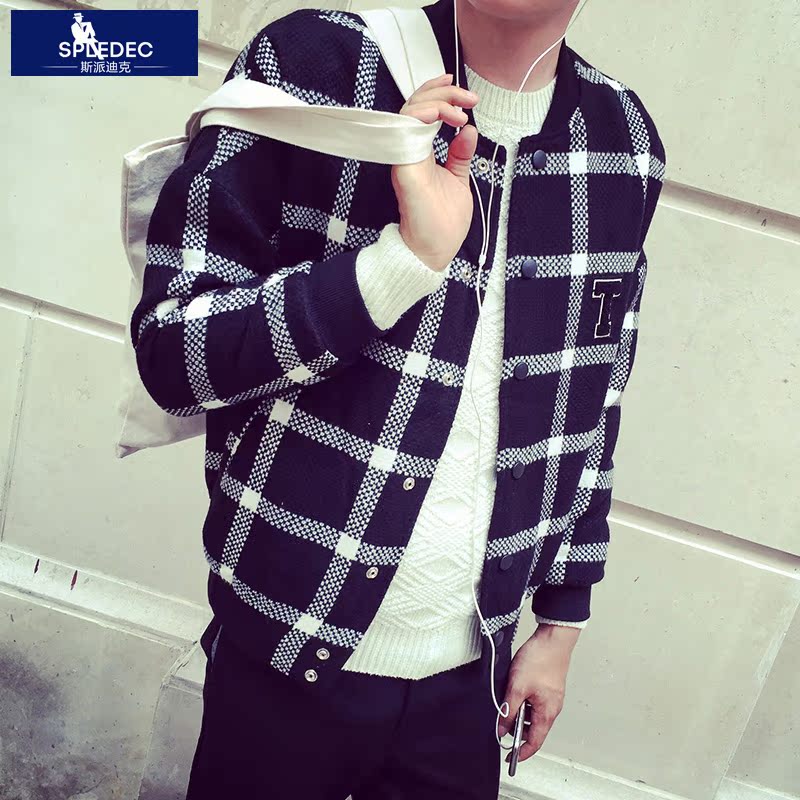 Spledec2015秋装潮男装时尚格子棒球领开衫外套男士韩版修身夹克