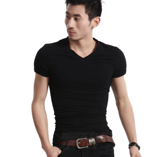 2015年新款男士短袖T恤莱卡棉V领紧身衣半袖运动健身汗衫修身体恤