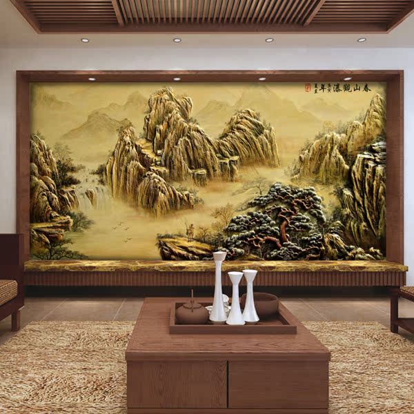 中式无纺布墙纸壁画卧室客厅电视背景墙壁纸3d木雕山水画