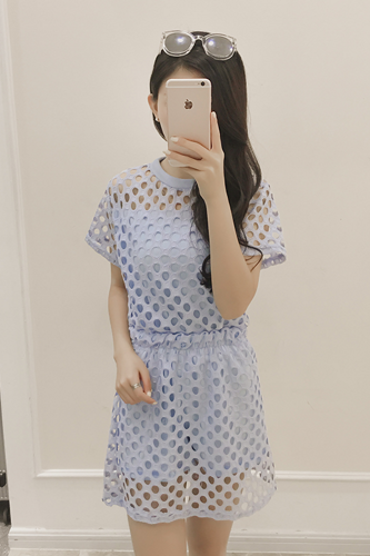 2016夏季新款时尚韩版气质洞洞镂空上衣+松紧腰短裙两件套装女潮