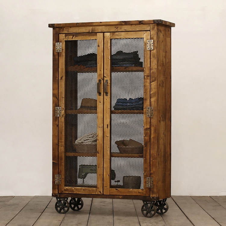 法式做旧实木古典衣柜衣橱复古铁艺储物柜可移动带轮子式百叶柜子