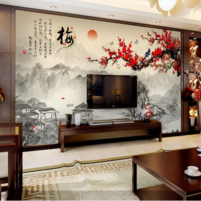 定制3d电视背景墙壁纸客厅无缝大型壁画中式梅花墙布 影视墙壁纸
