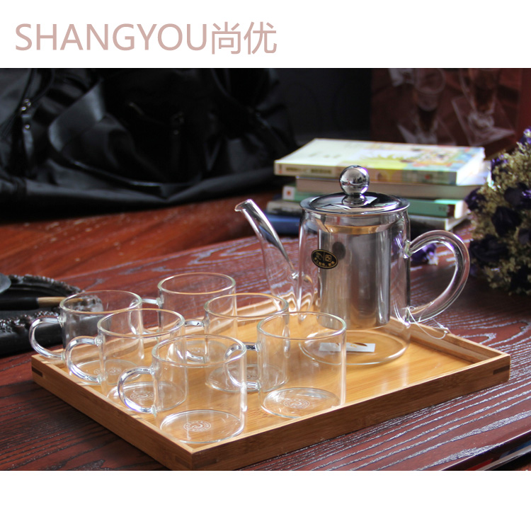 包邮耐热玻璃茶壶套装 茶具 茶杯 带竹木茶盘 加厚高硼硅茶壶套装