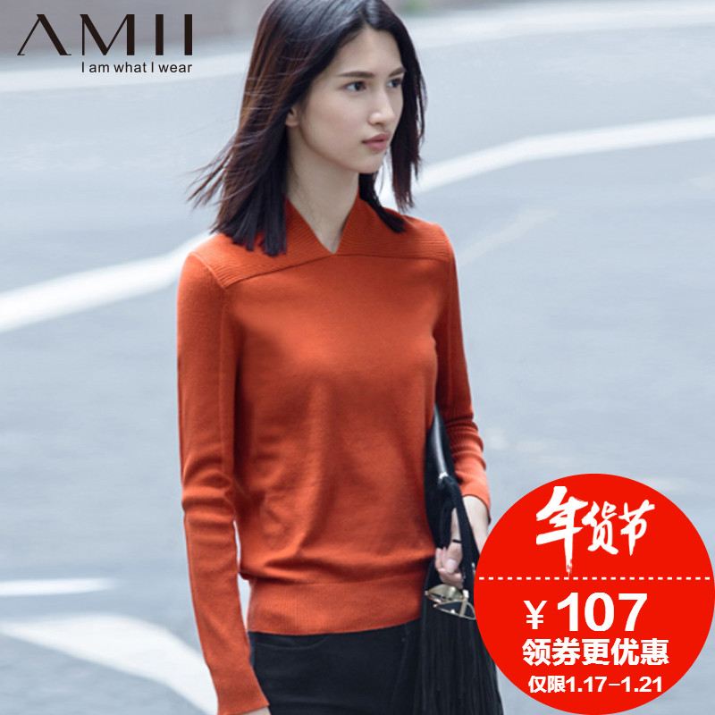 Amii旗舰店女装2015秋冬装新款艾米立领修身短款套头毛衣女针织衫