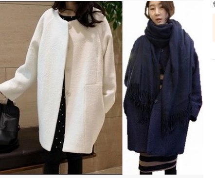 2015秋冬毛呢外套韩版显瘦宽松加厚茧型白色羊毛呢子大衣女中长款