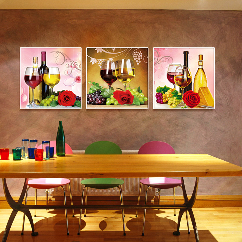 新款5D钻石画水果葡萄酒杯三联画 贴钻十字绣浪漫餐厅砖石绣客厅