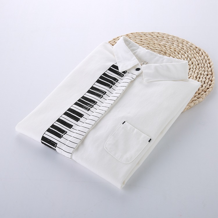 猫咪森林日记童趣钢琴印色卡通白色长袖衬衫学院风休闲打底衬衣女