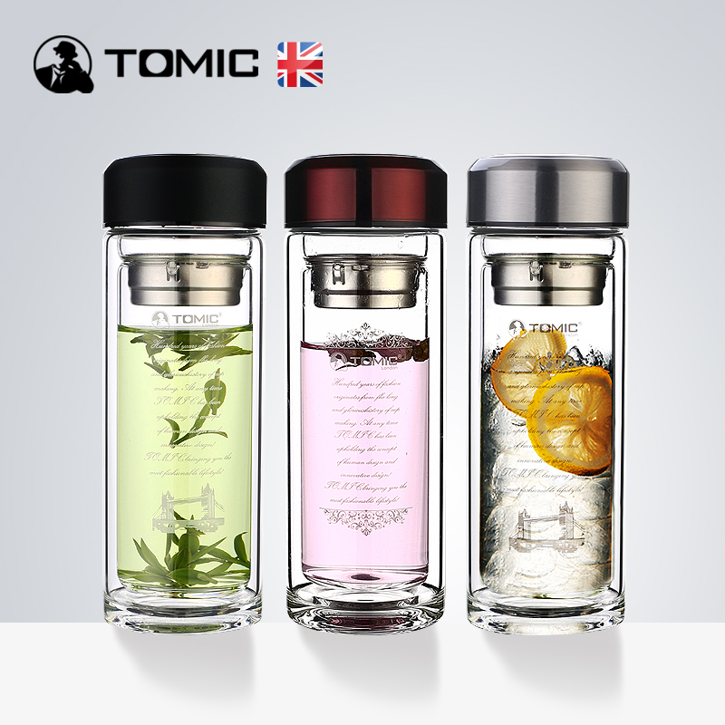 英国TOMIC特美刻高档玻璃杯双层带盖过滤透明水杯水晶茶杯便携杯