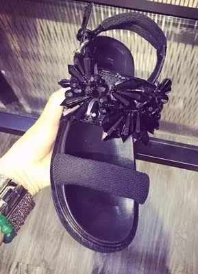 2015新款凉鞋女鞋 黑色水晶珠饰点缀 女式平底凉鞋