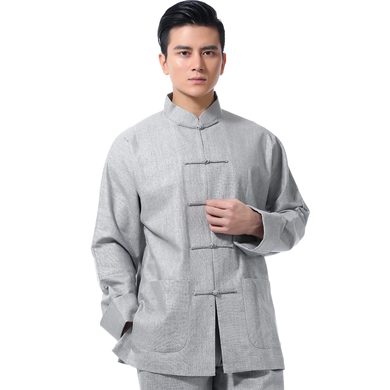中国风唐装男士亚麻长袖新中式复古立领连袖衬衫爸爸盘扣上衣