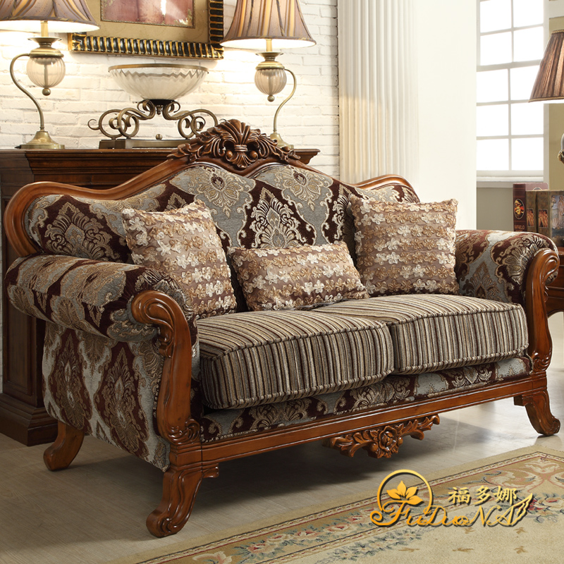 福多娜 美式实木沙发布艺沙发组合客厅沙发套装田园沙发现货