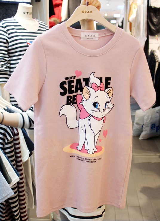 韩国东大门代购夏季新款韩版个性猫印花短袖t恤女可爱粉色上衣潮