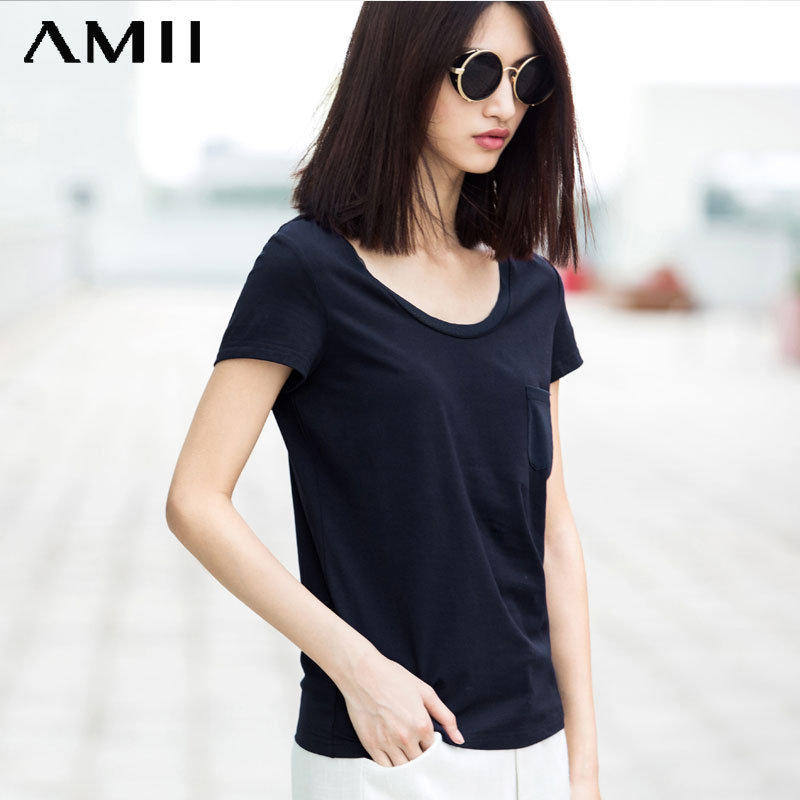 Amii及简女装旗舰店2015夏装新款艾米拼网布口袋大码短袖T恤女