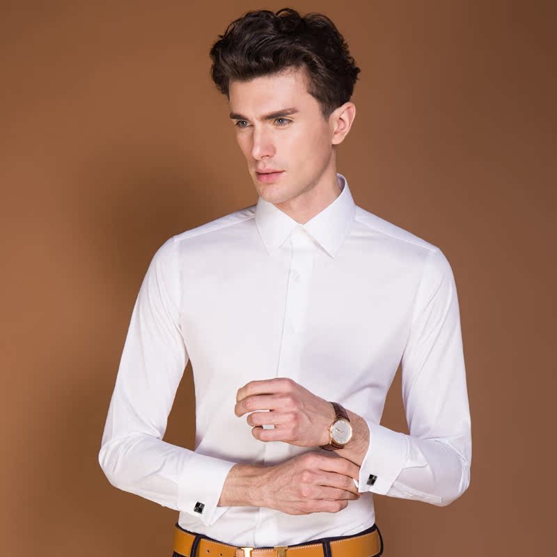 2015秋纯白男士衬衫 法式袖口长袖衬衣商务休闲免烫时尚韩版艾朵